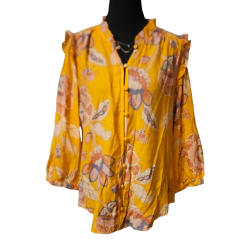LC Lauren Conrad Womens Large Floral Yellow Blouse - Picture 1 of 5